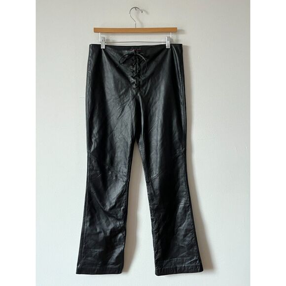 90s Y2K Vintage Ralph Lauren Black Leather Lace Up Bootcut Pants 10 31